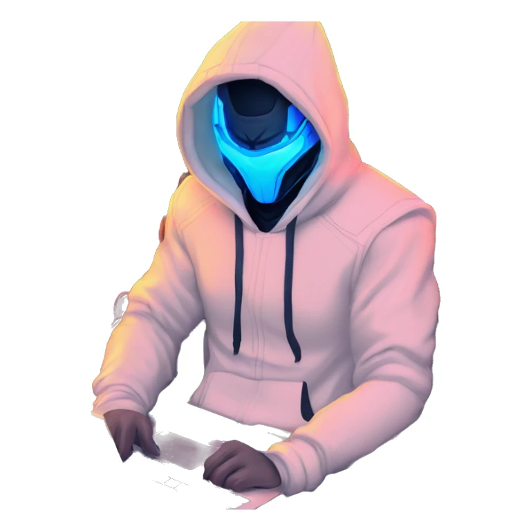 developer behind his laptop with this style : crysis Cyberpunk Riot Games Valorant neon glowing bright blue character blue black hooded assassin themed character sticker