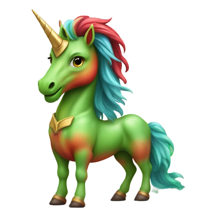 four-legged red unicorn a green amazon alien woman, on a unicorn sticker