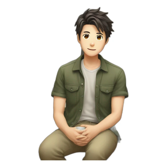 1boy, bishounen, casual, indoors, sitting, coffee shop sticker