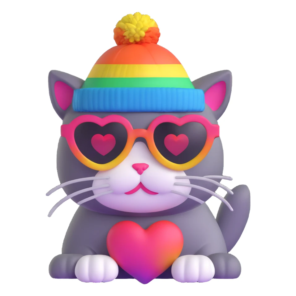 cat wearing a rainbow beanie and heart-shaped sunglasses sticker