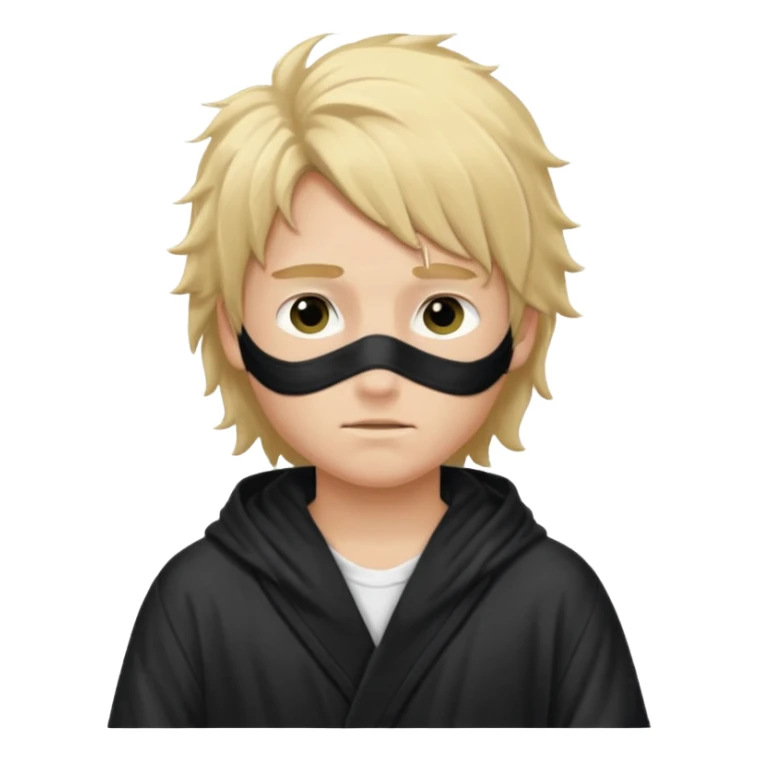 Create a blond boy with long, messy hair, light eyes, a white t-shirt, rich, with long hair, blue eyes, medium-length, voluminous hair, wearing a black Nike bathrobe and a little blush near his nose. and with a balaclava, type bandit balaclava sticker