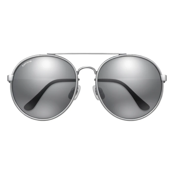 A pair of luxury sunglasses emoji with silver chrome frame, smooth rounded lenses, reflective metallic surface, high-end swag aesthetic, minimal and clean design, iOS emoji style, centered, white background sticker