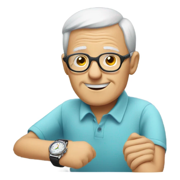 smiling elderly man in glasses looking at his watch sticker