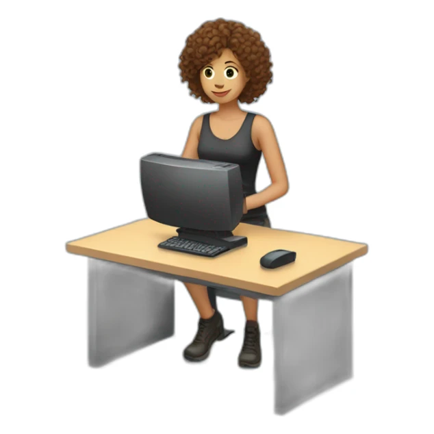 Woman with curly brown hair plays computer tanki sticker