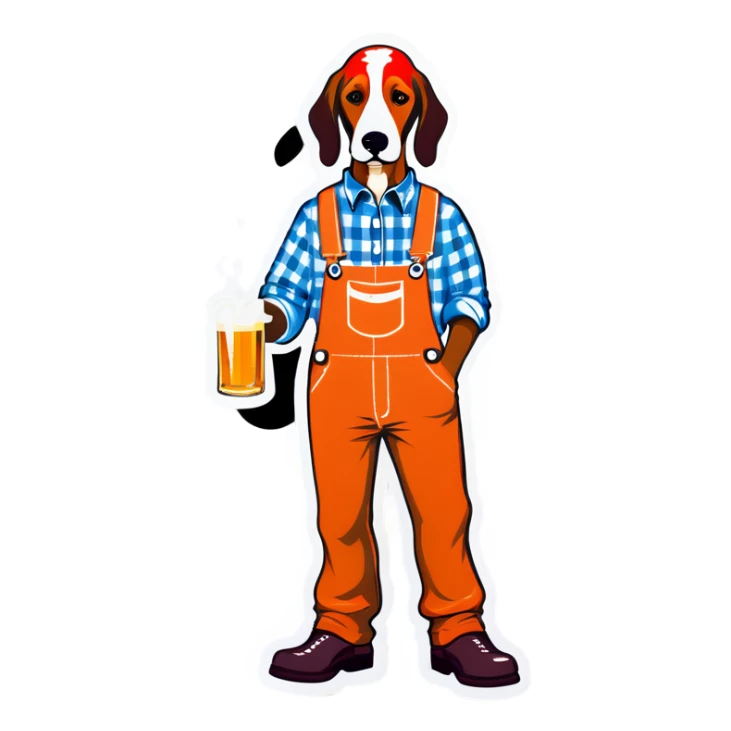 Hound dog in tangerine and white checkered overalls drinking whiskey sticker