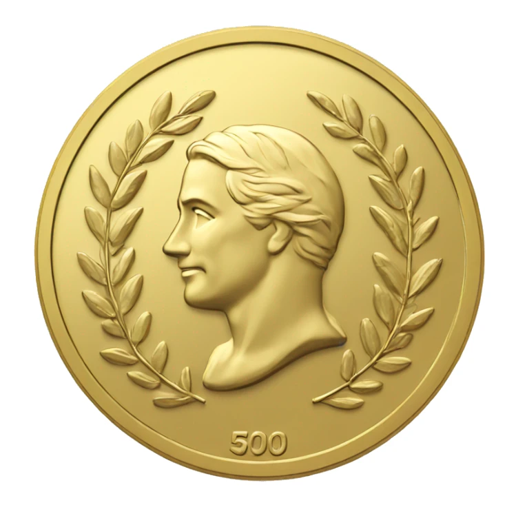 gold coin with large "50" in label in center and laurel sticker