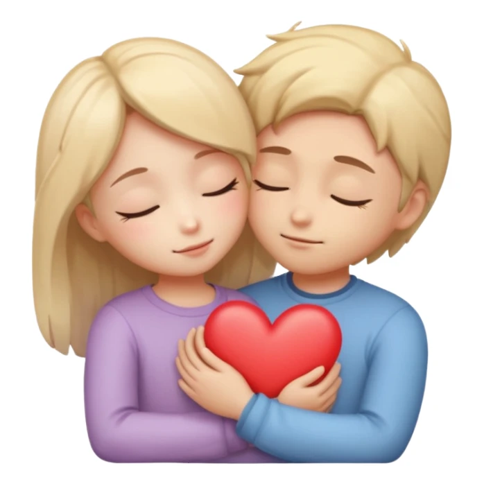 “Two chibi-style lovers hugging gently, eyes closed, small glowing heart between them, soft pastel, romantic emoji, transparent background.” sticker