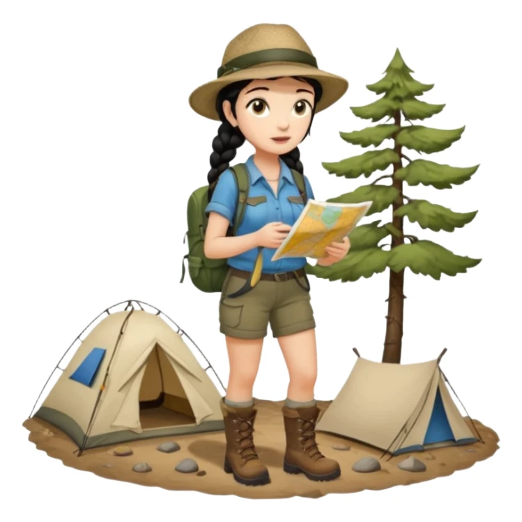 A braid black hair backpacking woman checking her map with curious eyes while walking wear camping hat and dirt covered boots full body sticker