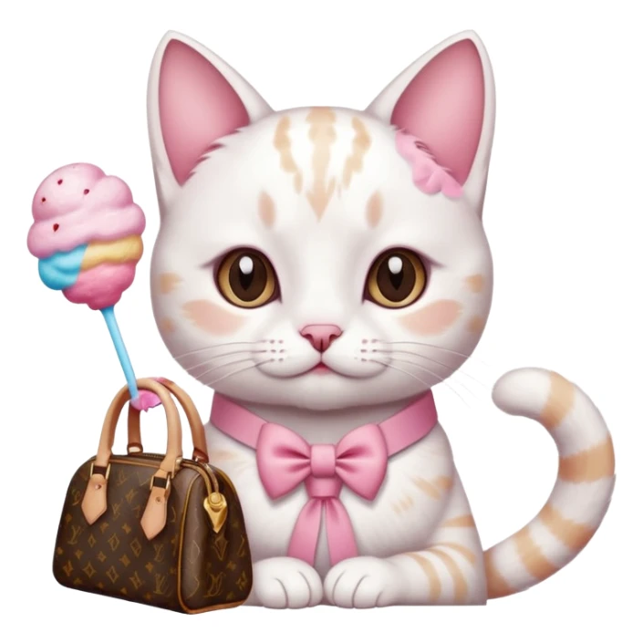 White cat with brown spots with pink ribbon holding a Louis Vuitton purse drinking cotton drink sticker