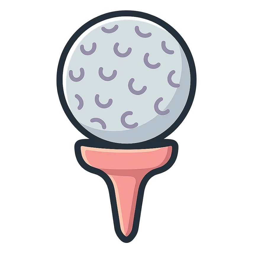 golf ball on a tee stand, icon-color-outlined style, detailed shading, thin clean outlines, soft rounded features, pastel palette #98B5BC #B5B3C1 #C9A3C9 #E4C0CA #F7DCD1 #F7C0AA, Japanese pop art, sticker look, highly detailed, vector clarity, soft lighting, subtle shadows, transparent background sticker