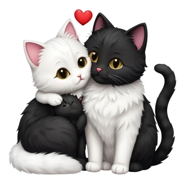 Big black cat is kissing a small white cat with hearts above sticker