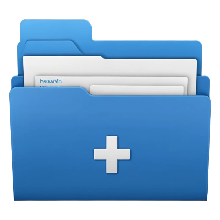 A simple emoji-style icon of a blue multipocket folder, clean and minimal, with layered inner tabs, subtle shading, and a small health/medical documents symbol on the front sticker