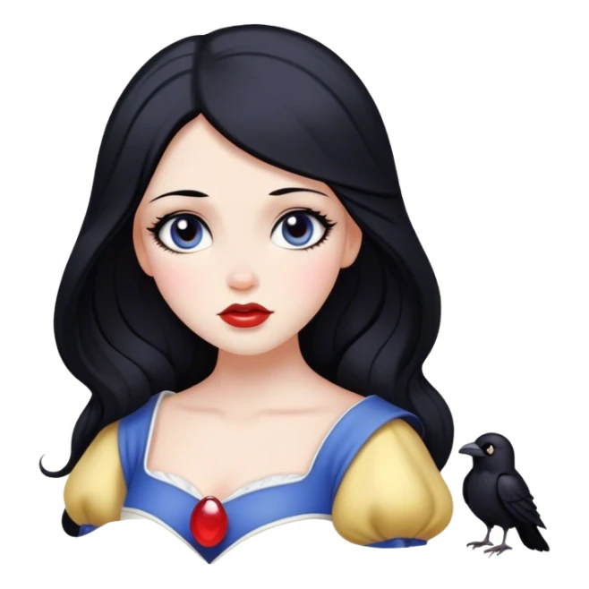 Cinematic Serene Snow White Portrait Emoji, rendered in a simplified vector style. Depict a gentle Snow White (chest and above) with flawless porcelain skin and flowing raven hair, her kind eyes and calm expression exuding a quiet, enchanting charm. The image glows softly with an inviting, pure light and is outlined with a subtle glow. sticker