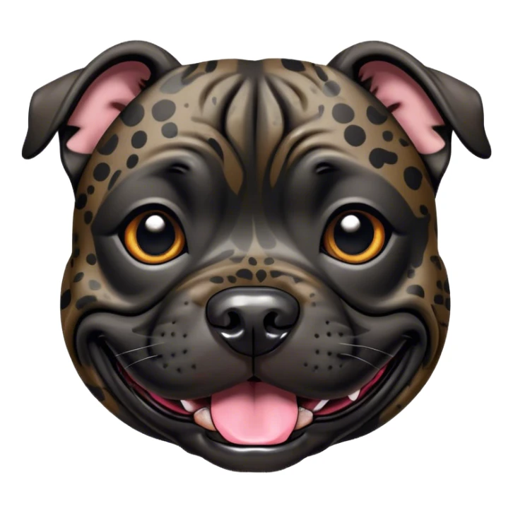 Cinematic Comical Black/Brindle Staffordshire Bull Terrier Portrait Emoji, Head tilted dramatically with an exaggeratedly amused expression, featuring a striking Fur with bold black and brindle patterns, wide, expressive dark eyes filled with playful disbelief, Simplified yet hilariously expressive features, highly detailed, glowing with a slightly sassy glow, high shine, dramatic yet playful, stylized with an air of cheeky mischief, bright and endearing, soft glowing outline, capturing the essence of a spirited and over-the-top guardian, so meme-worthy it feels like it could side-eye its way into internet fame instantly! sticker