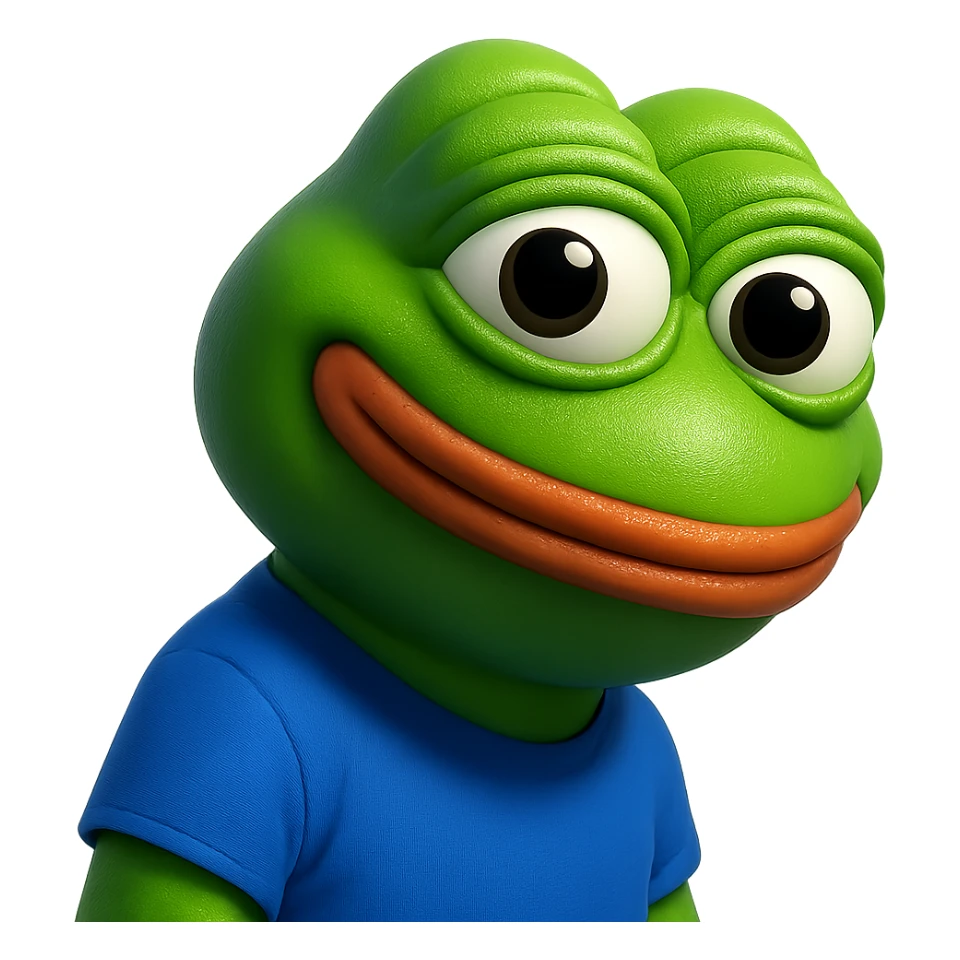 pepe in
- 3d style
- bright green
- blue shirt
- smiling
- looking straight at the camera
- good highlights and shadows
- 30deg angled towards the right sticker