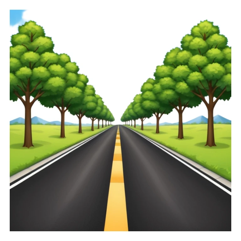 A long horizontal road (without lines) with trees and bushes on the sides and behind sticker