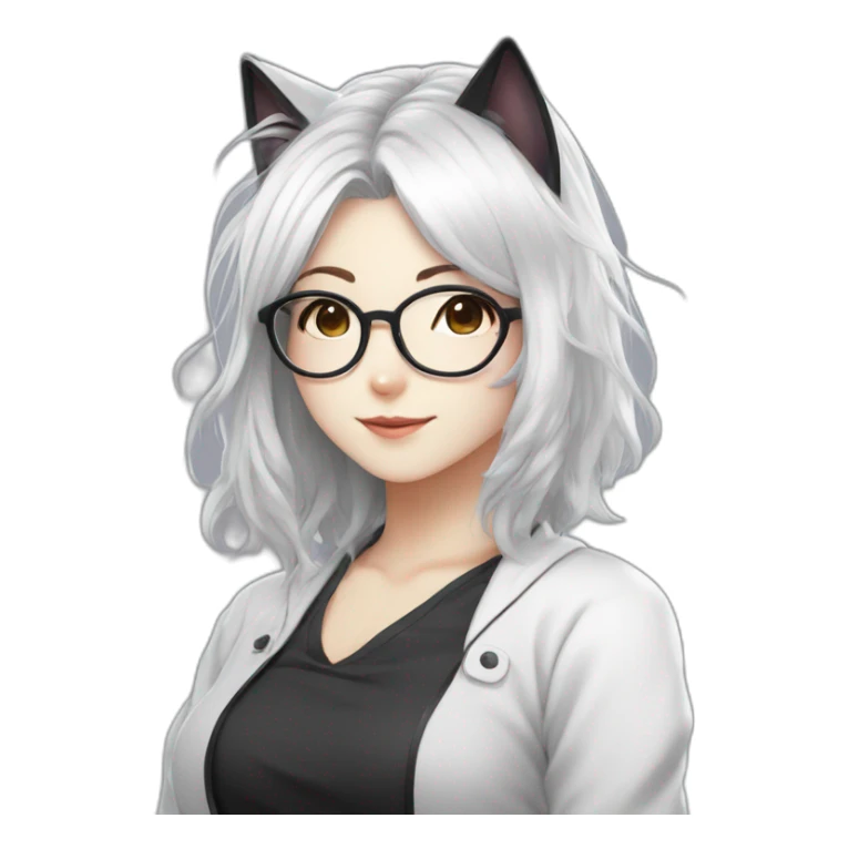 anime style white hair catgirl, black glasses, winking, sticker