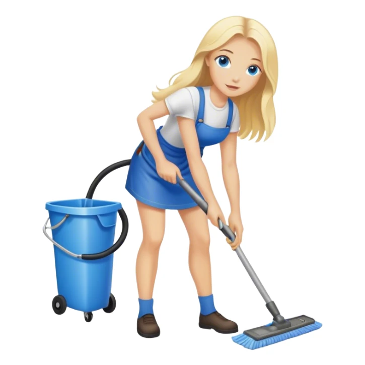Cinematic realistic blonde with long hair, blue eyes cleans floors sticker