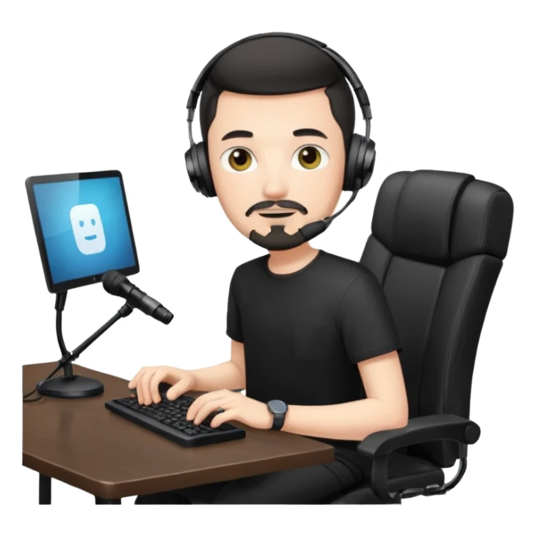 a setup of a youtuber, white skin, thin goatee, black short hair, with a desktop pc on a table, a gaming chair, microphone, white ring light sticker