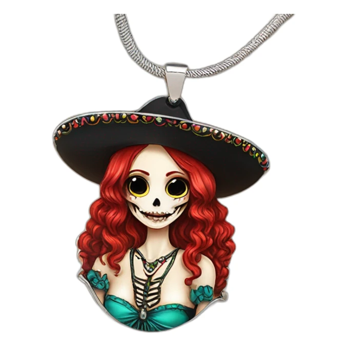 Skull girl mexican red hair Sombrero Necklace with pendant sticker