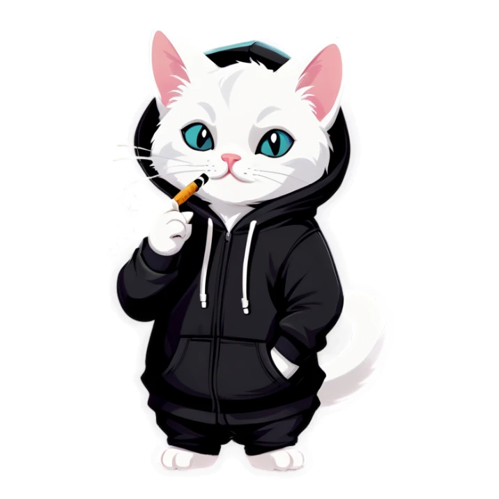 White cat smoking with a black hoodie  sticker