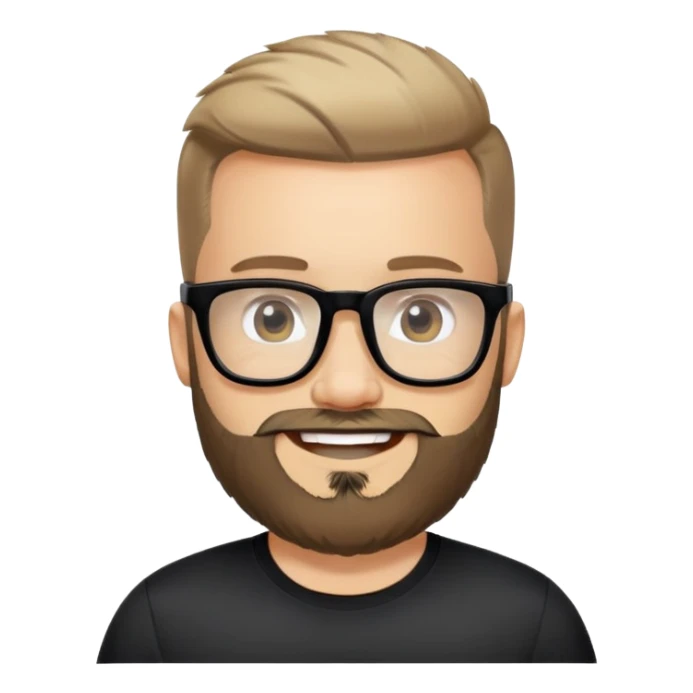 Light-skinned man with full beard, short hair brushed upward, big black glasses frames, happy smile, black sports shirt sticker