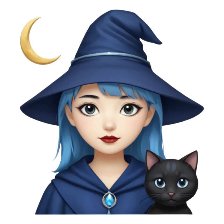 an asian short haired girl with light blue highlighted short raven hair with bangs, with her silver left eye and dark brown right eye, with black cat eyed style eyeliner, and smirk of natural toned lipstick, with dark navy wizard hat with moon emblem on his hat. sticker