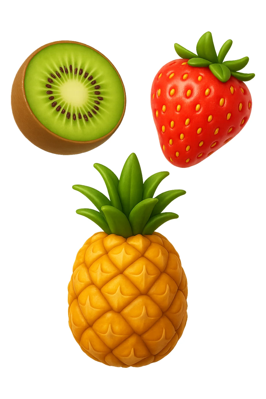 emoji stile iphone 3d di kiwi, fragole, ananas
 che fluttuano in aria, iperealistico 4k sticker