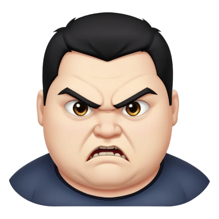 chubby young angry man in profile view with black hair, sharp fangs, crossed eyes sticker