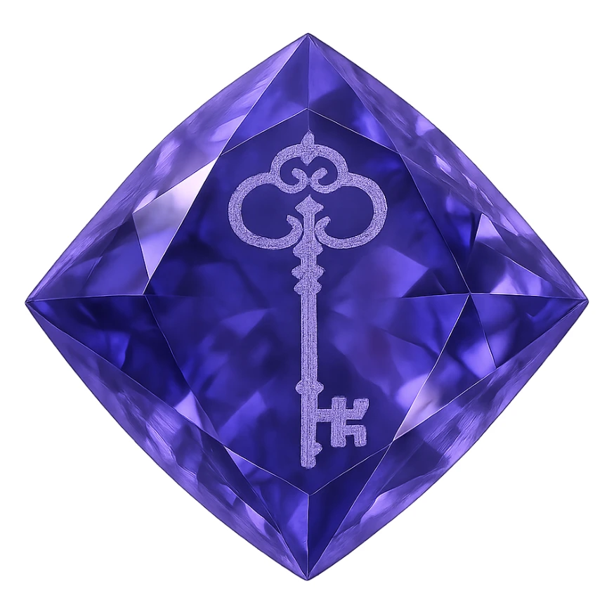 real diamond, circle-diamont gem shape, color #9665db, with complex 🗝️ key  symbol on the diamond. sticker