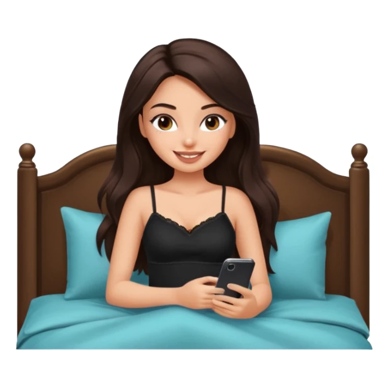 generate a pretty fair bratz girl with long dark brown hair using her phone in bed, smiling . Wearing a black cami sticker