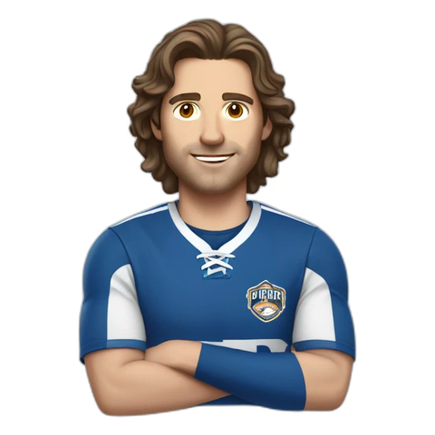 White man with light eyes, with long wavy dark brown hair, dressed in a blue and white team shirt sticker