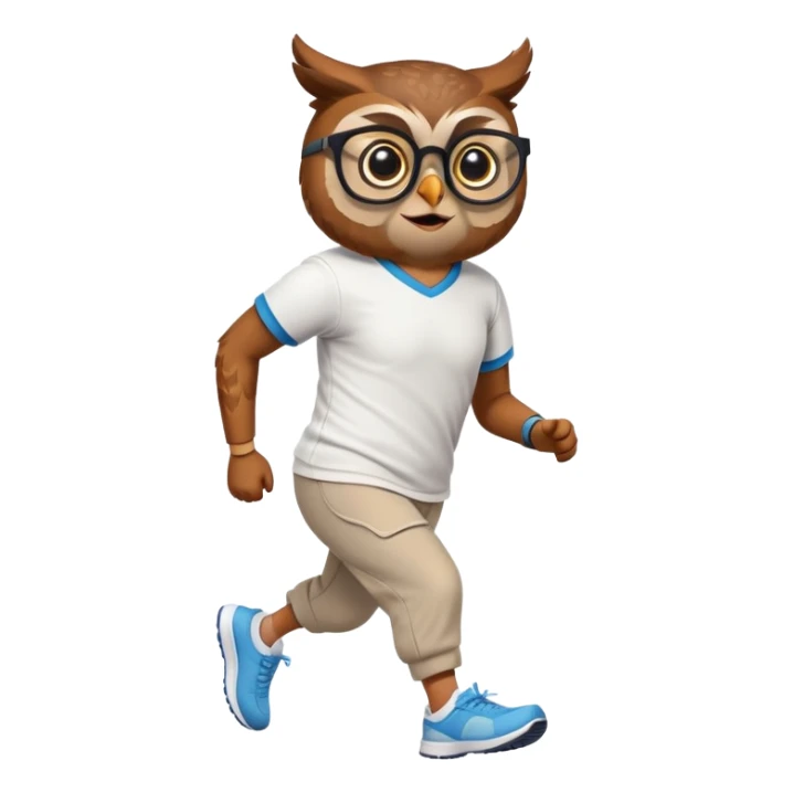 friendly anthropomorphised owl in pants and a shirt, wearing glasses, jogging upright, relaxed pose sticker