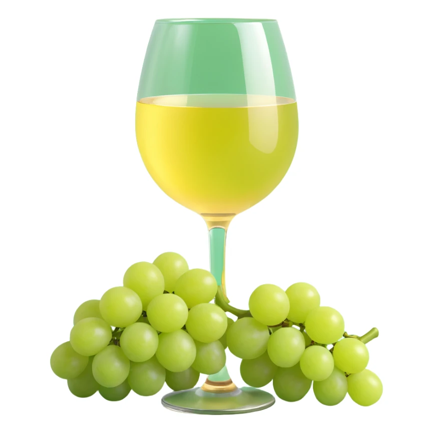 3D emoji style, light yellow wine glass with light green grapes beside it, Korean text '화이트와인' at the bottom, no background sticker