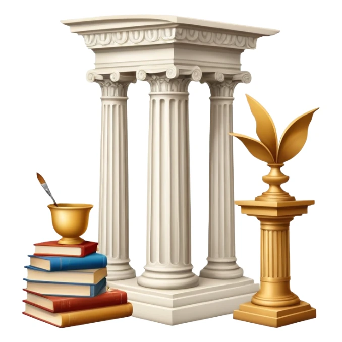 An icon featuring a paint palette, a sculpture, and a book, symbolizing the study of culture and art. The design includes a classical column and a canvas, representing art history and cultural exploration. Transparent background highlights the connection between creativity and history. sticker
