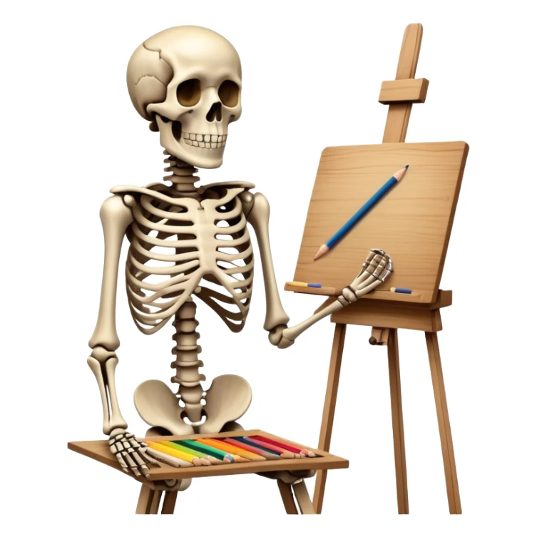 sketelon drawing picture on easel with color palette sticker