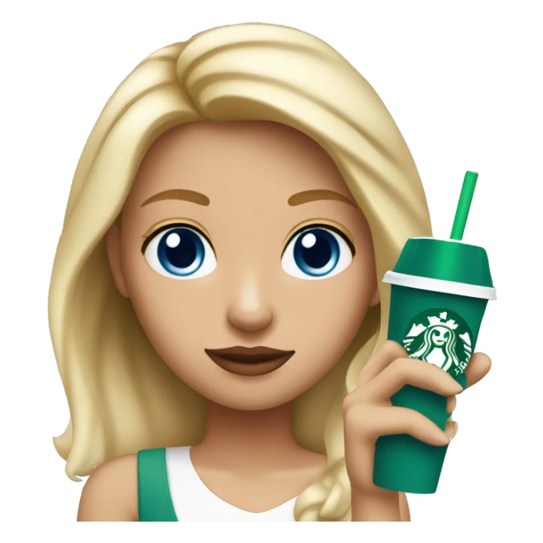blonde girl blue eyes with Starbucks cup drink sticker
