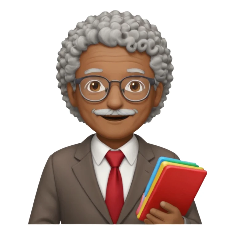 old man teacher, brown skin, curly grey white hai, wearing glasses, brown suit, red tie hold chalk on hand sticker