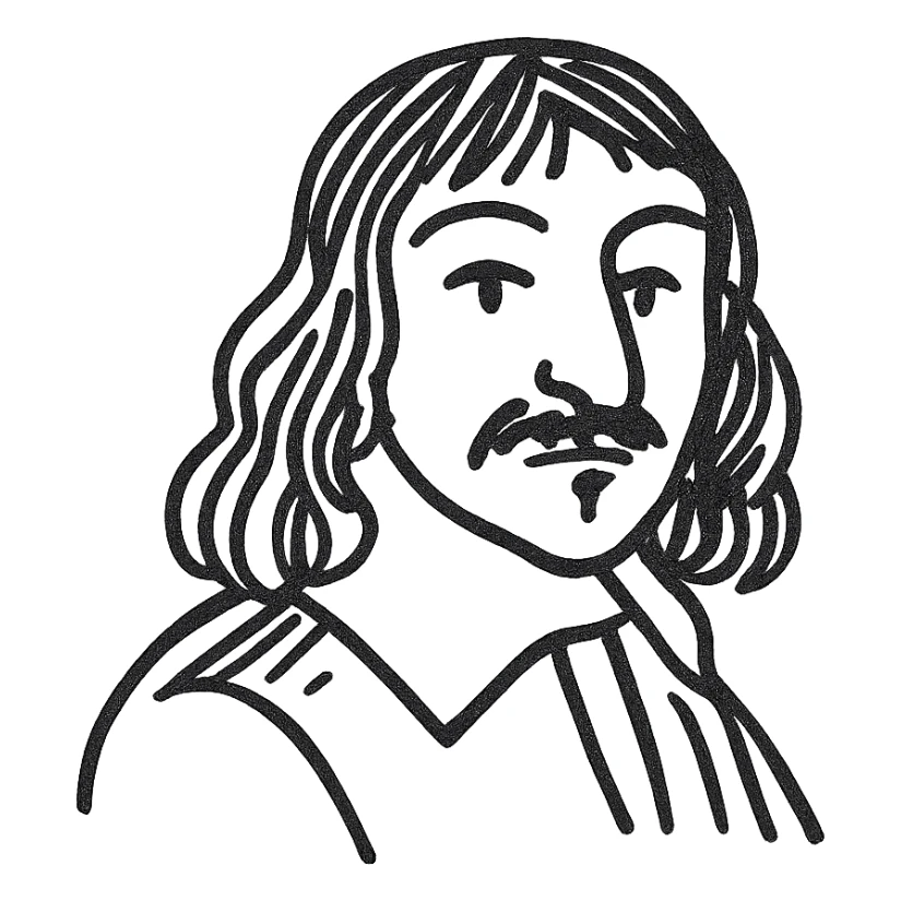 Descartes as a black outline icon, no fill, hand-drawn look, recognizable philosopher features sticker