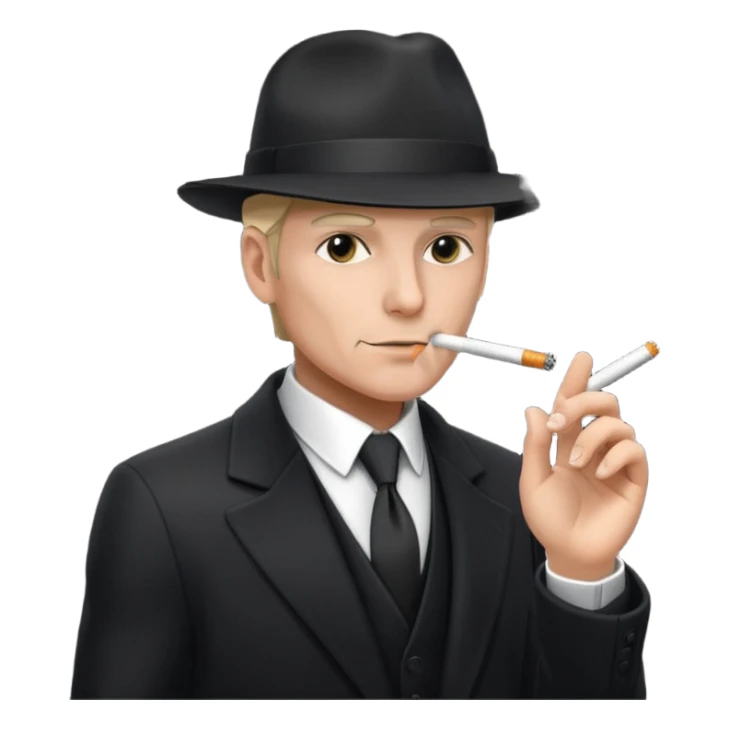 Syndicate agent in the future, with a black suit and mafia looking hat, smoking a cig sticker