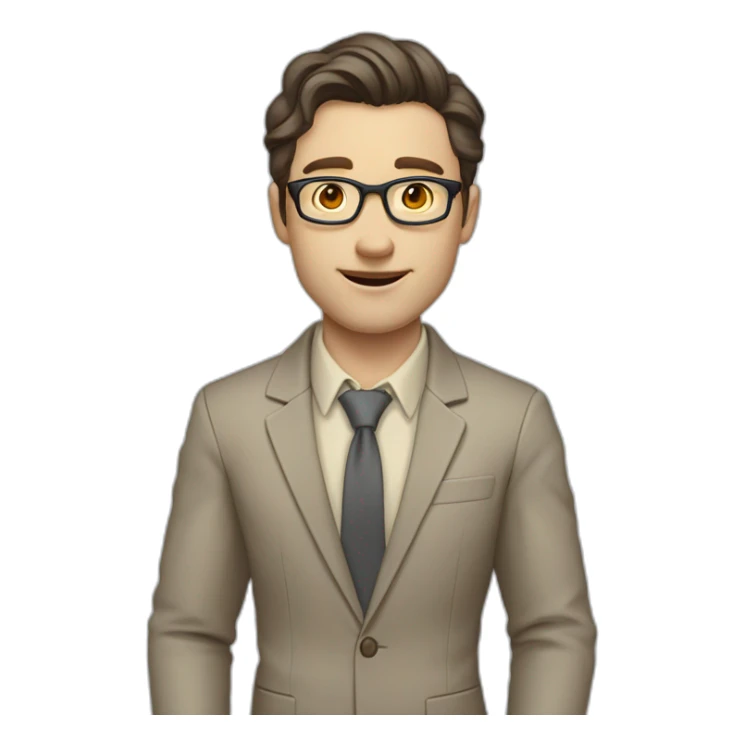 Full height Actively Gesturing Pale skinned fit man with dark brown hair in gray jacket, beige office shirt, brown tie, brown pants and vintage glasses. sticker