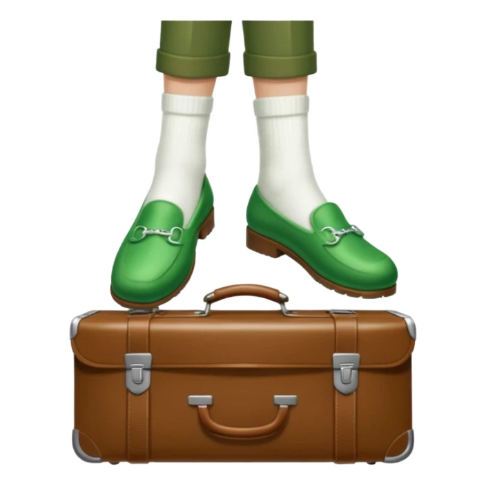 Feet with white socks wearing green slippers standing on a briefcase sticker