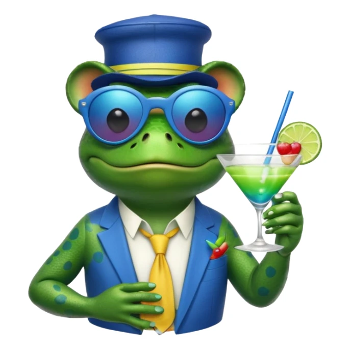 Bufo frog with blue sunglasses, sipping a rainbow cocktail, in bufo style, transparent background sticker