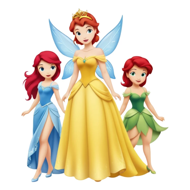 four minimal Disney princesses in one image: Belle with yellow dress, Tinkerbell with wings, Ariel with red hair and tail, Cinderella with blue dress sticker