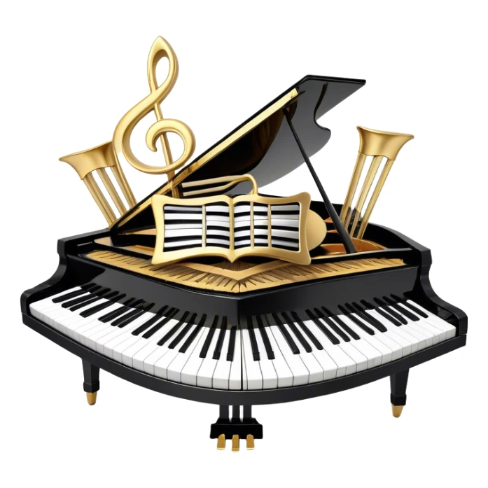 Create an elegant and festive emoji collage representing keyboard instruments, styled like a heraldic emblem. The design should feature a central focal point of black and white piano keys, arranged in a semi-circular or shield-like shape. Around the piano keys, add intertwining musical notes that form flowing ribbons, creating a dynamic and celebratory atmosphere. The design should be professional, with polished silver and gold accents on the keys and notes, highlighting the luxury and sophistication of the instruments. Add subtle shading and lighting effects to give the design a refined, 3D appearance. The background should remain transparent, and the overall feel should evoke grandeur, artistry, and a sense of celebration. sticker