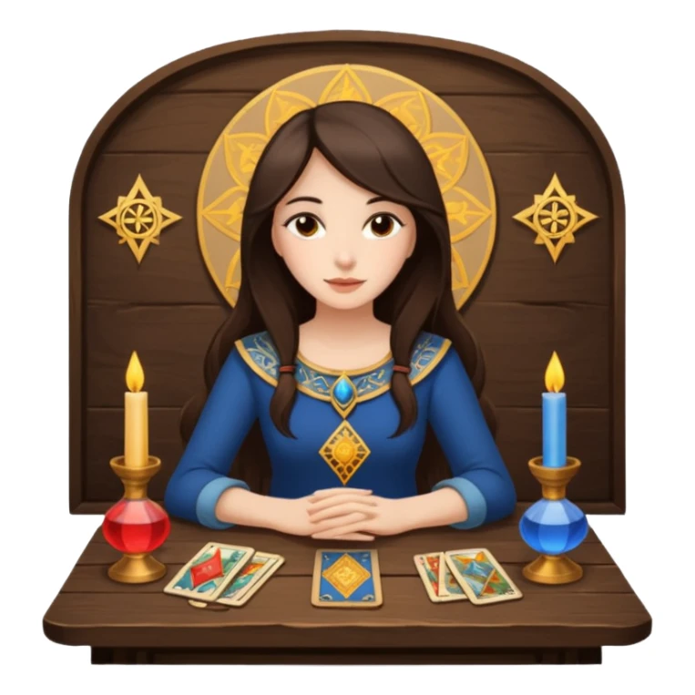 Create a brunette girl with brown eyes sitting at a table with tarot cards. sticker