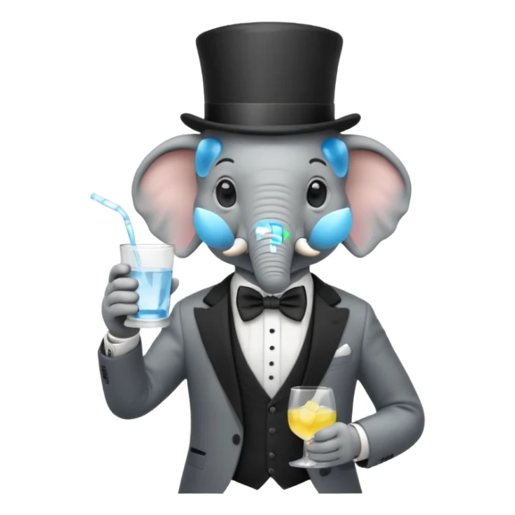 elephant wearing suit, bowtie and top hat, holding glass of water sticker