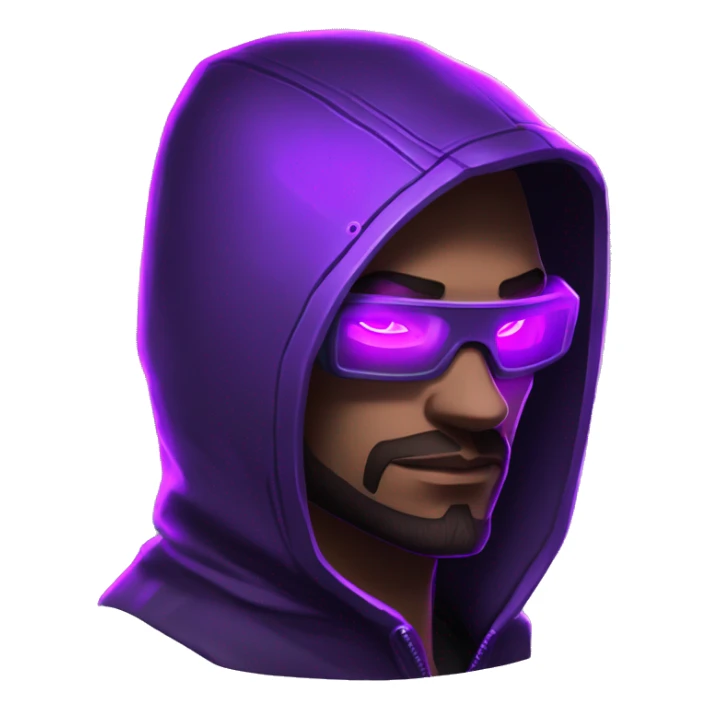 Hacker behind his laptop with this style : crysis Cyberpunk Valorant neon glowing bright purple character purple violet black hooded assassin themed character sticker