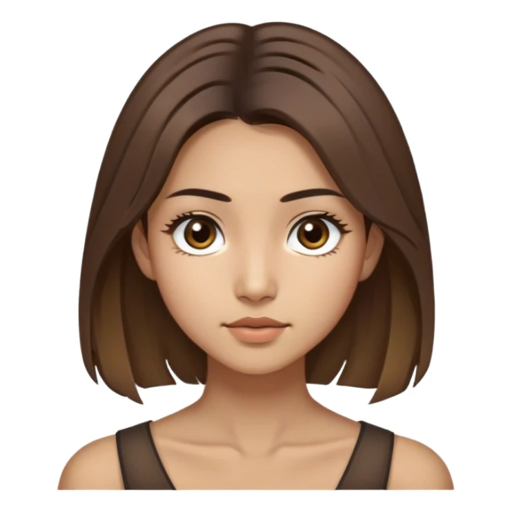 A thin girl with Mongolian roots, shoulder-length brown hair with two distinctly light strands framing her face, large slightly slanted dark brown eyes, olive skin, and light brown, not narrow eyebrows sticker