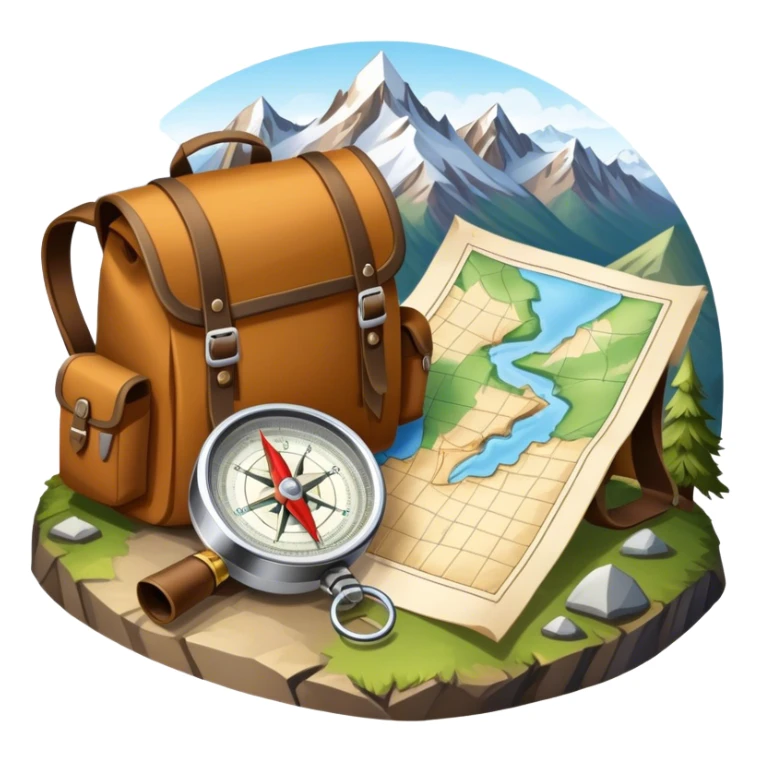 Icon for Expeditions: a compass, a map and a backpack with trekking gear, placed on a rugged mountain terrain with snow-capped peaks. The icon should evoke the spirit of adventure and discovery in remote, unexplored places. Transparent background. sticker